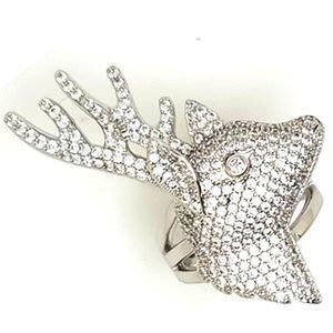 Round Micro Pave Cubic Zirconia White Stag Head Silver Ring Size 8